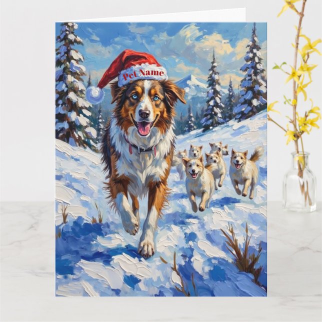 Australian Shepherd Herding Snowballs with Santa Kort (Gul blomma)
