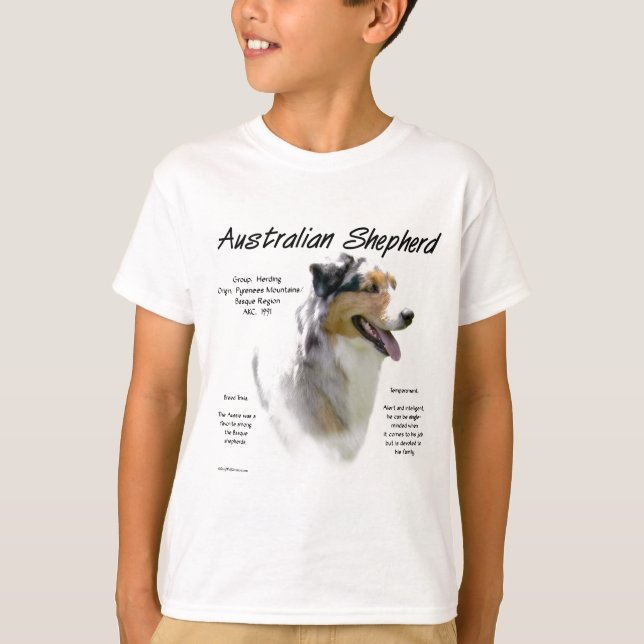 Australian shepherd historia, allt om aussies tee shirt (Framsida)