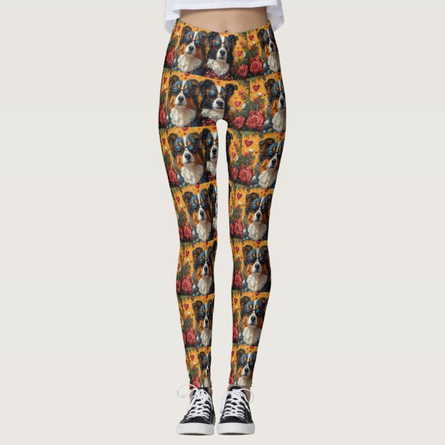 Australian Shepherd Hjärtrosar Alla hjärtans dag Leggings (Framsida)