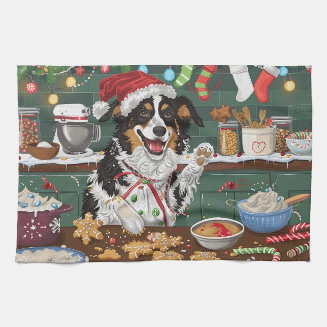 Australian Shepherd Holiday Baking Jul Kökshandduk (Horisontell)