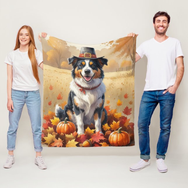 Australian Shepherd Höstlöv Tacksgiving Konst Fleecefilt (På plats)