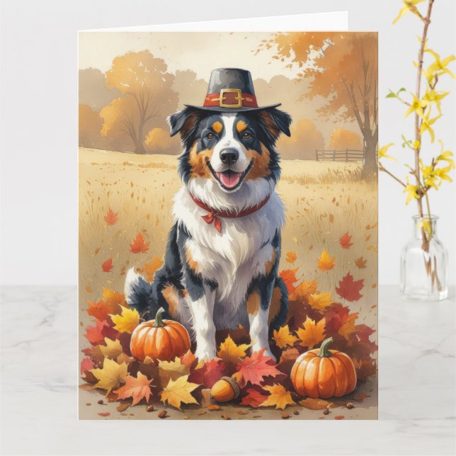 Australian Shepherd Höstlöv Tacksgiving Konst Kort (Gul blomma)