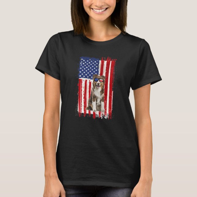 Australian shepherd Hund American Flagga Independe T Shirt (Framsida)