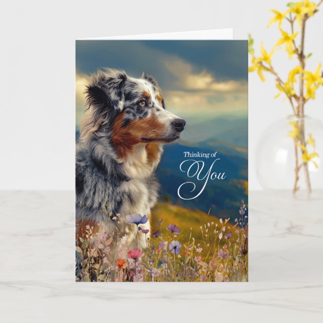 Australian Shepherd Hund Berg Tänker på Dig Kort (Gul blomma)