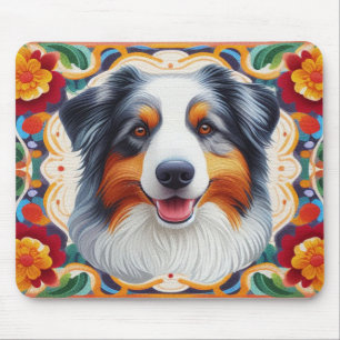 Australian shepherd Hund Blommigt Färgfylld Gräns Musmatta