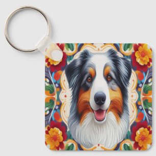Australian shepherd Hund Blommigt Färgfylld Gräns Nyckelring