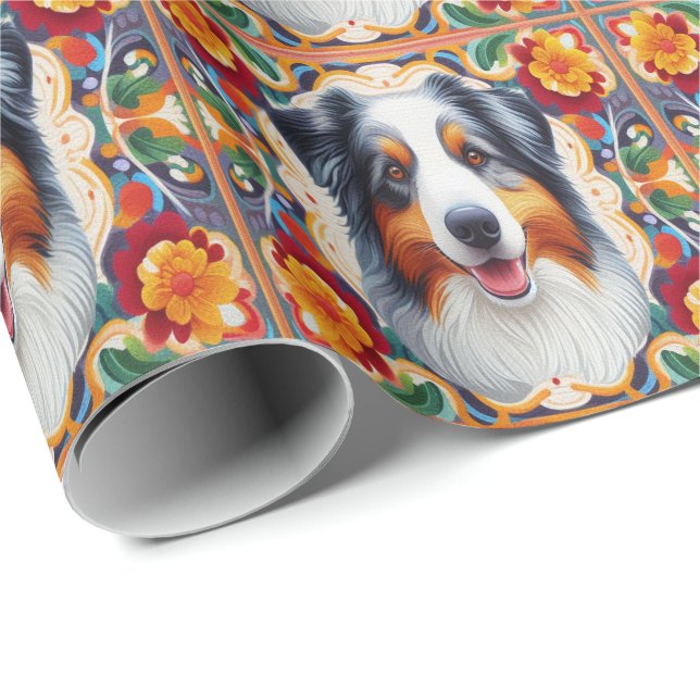 Australian shepherd Hund Blommigt Färgfylld Gräns Presentpapper (Rullad Hörn)