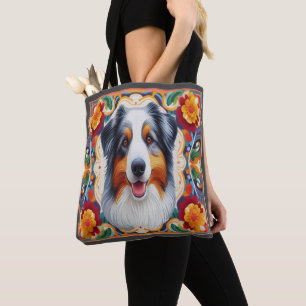 Australian shepherd Hund Blommigt Färgfylld Gräns Tygkasse
