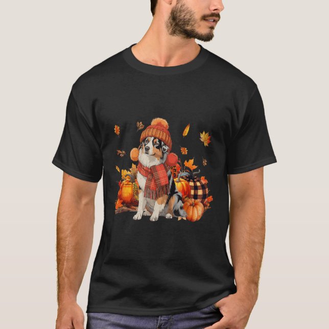 Australian shepherd Hund Fall Scarf Leopard Pumpki T Shirt (Framsida)