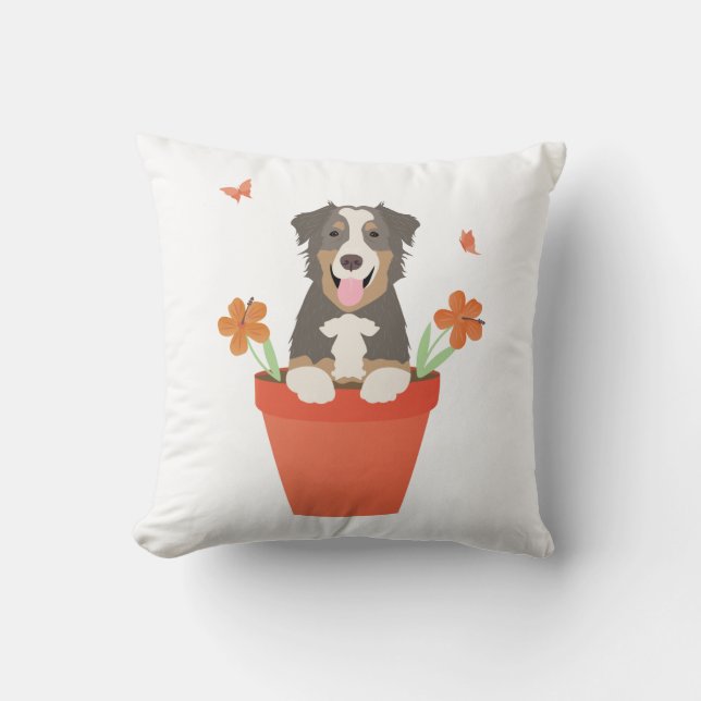 Australian shepherd Hund i blomkruka Kudde (Framsida)