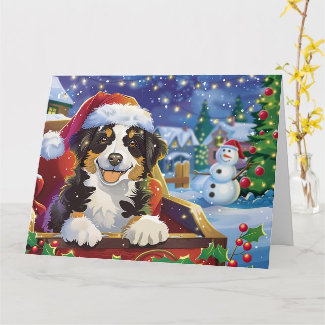 Australian shepherd Hund i julen i Sleigh Snö Kort (Gul blomma)
