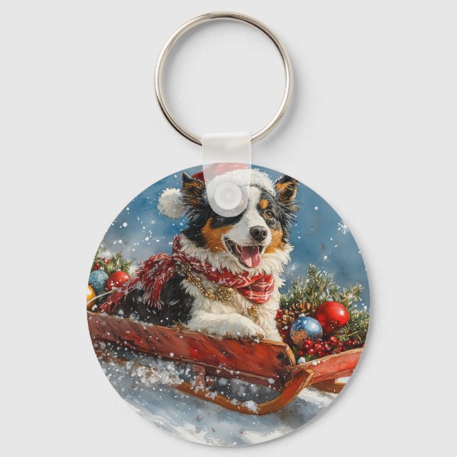 Australian Shepherd Hund i släde jul Nyckelring (Framsida)