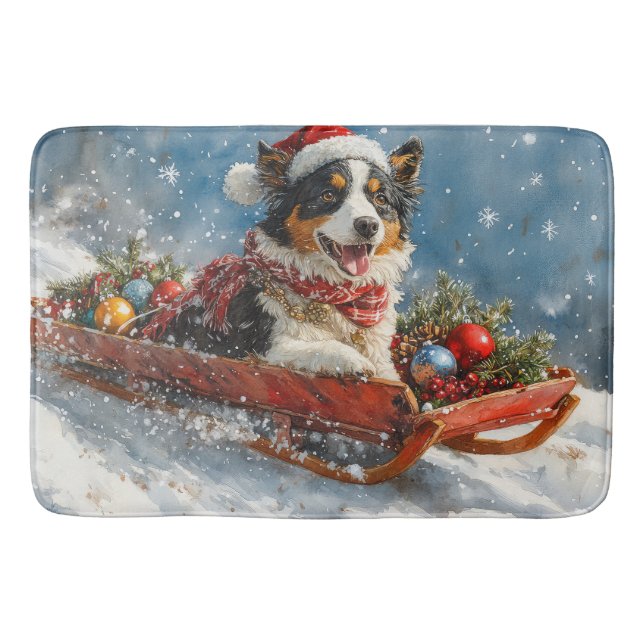 Australian Shepherd Hund i Slädj Jul Badrumsmatta (Framsidan)