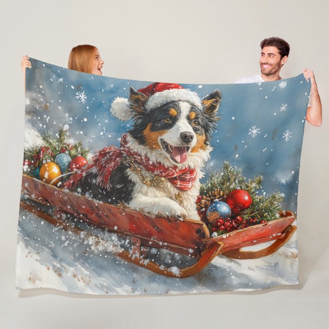 Australian Shepherd Hund i Slädj Jul Fleecefilt (På plats)