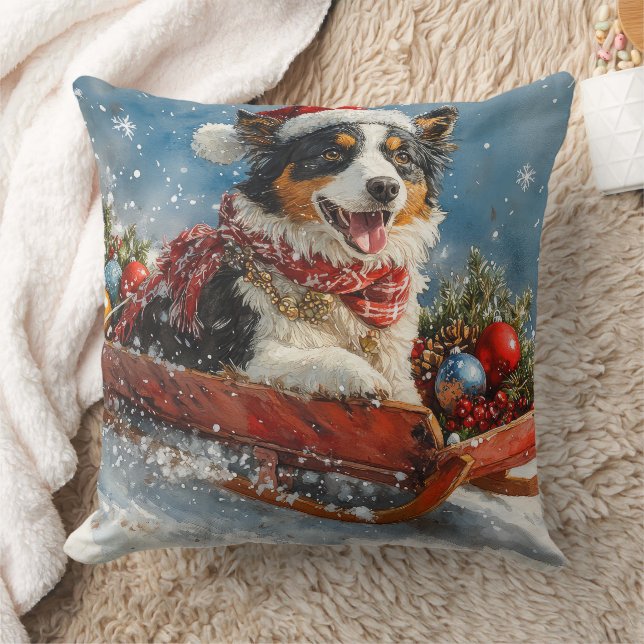 Australian Shepherd Hund i Slädj Jul Kudde (Filt)