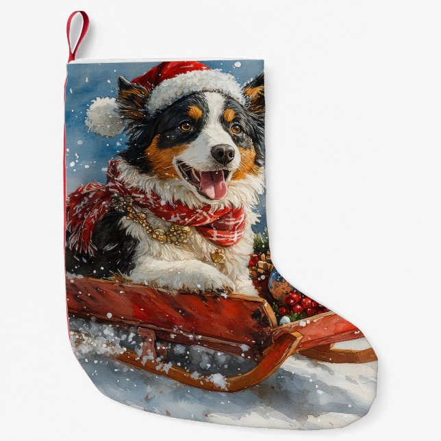 Australian Shepherd Hund i Slädj Jul Liten Julstrumpa (Framsidan)