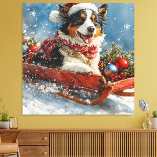Australian shepherd Hund i Sledge Chriistmas Canvastryck