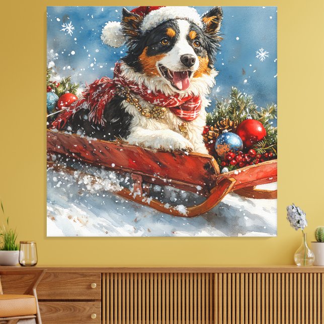 Australian shepherd Hund i Sledge Chriistmas Canvastryck (Insitu (Vardagsrum))