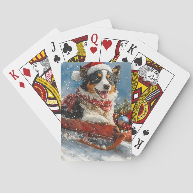 Australian shepherd Hund i Sledge Chriistmas Casinokort (Baksidan)