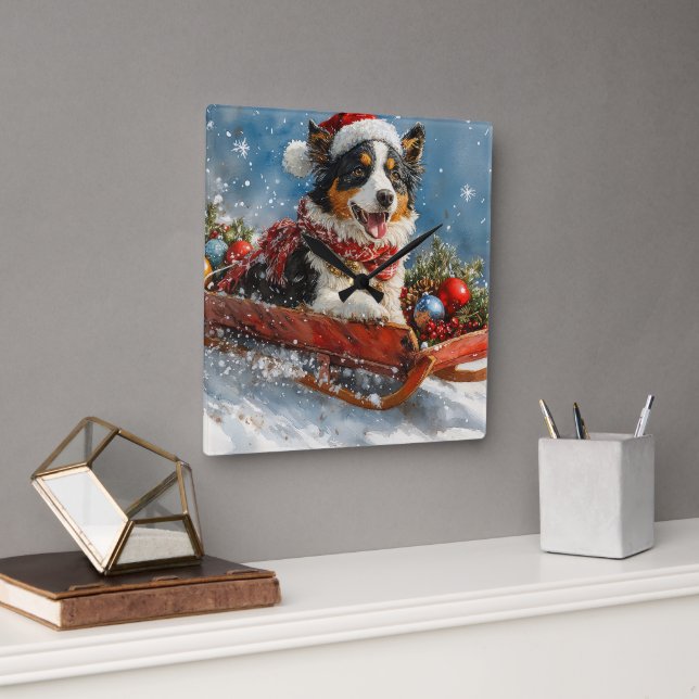 Australian shepherd Hund i Sledge Chriistmas Fyrkantig Klocka (Kontor)