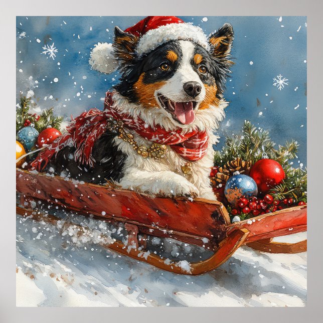 Australian shepherd Hund i Sledge Chriistmas Poster (Framsidan)