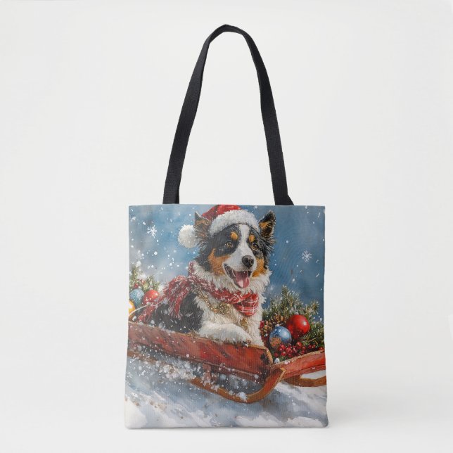 Australian shepherd Hund i Sledge Chriistmas Tygkasse (Framsida)