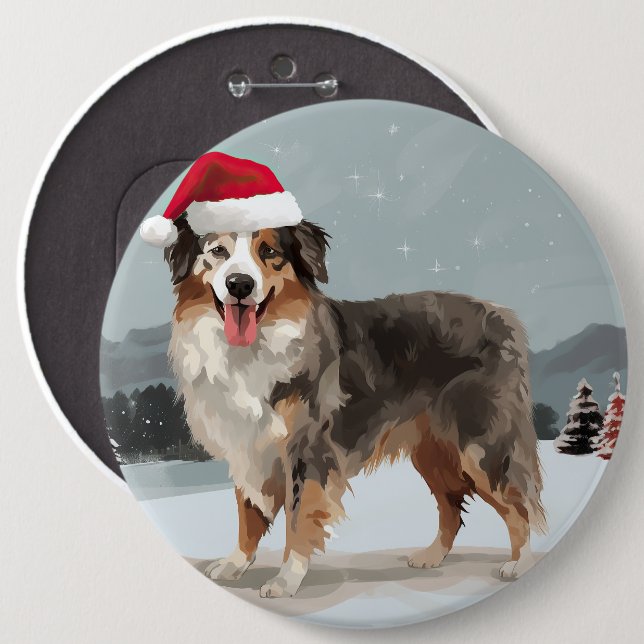 Australian Shepherd Hund i Snö Jul Knapp (Framsida & baksida)