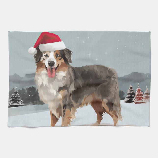 Australian Shepherd Hund i Snö Jul Kökshandduk (Horisontell)