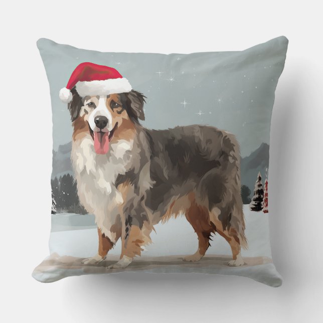 Australian Shepherd Hund i Snö Jul  Kudde (Framsida)