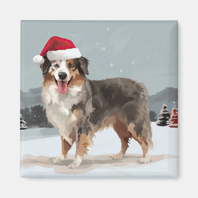 Australian Shepherd Hund i Snö Jul Magnet (Framsidan)