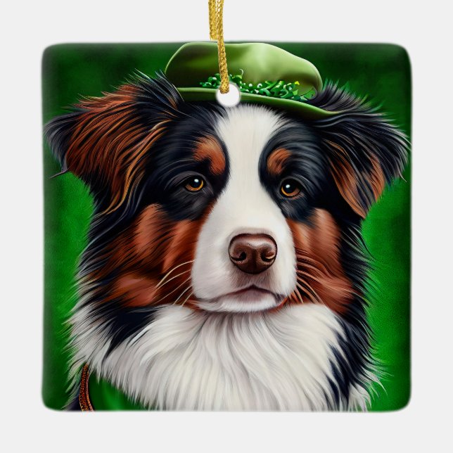 Australian shepherd hund i St. Patrick Dress Julgransprydnad Keramik (Framsida)
