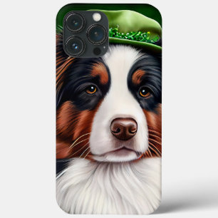 Australian Shepherd hund i St. Patrick's Day dräkt