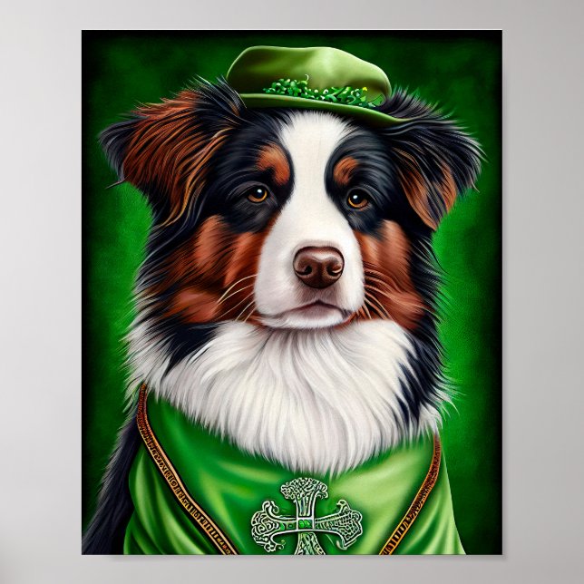 Australian Shepherd hund i St. Patrick's Day dräkt Poster (Framsidan)