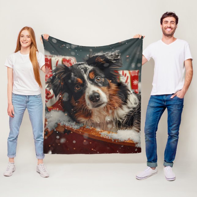 Australian Shepherd Hund Jul Festlig Fleecefilt (På plats)