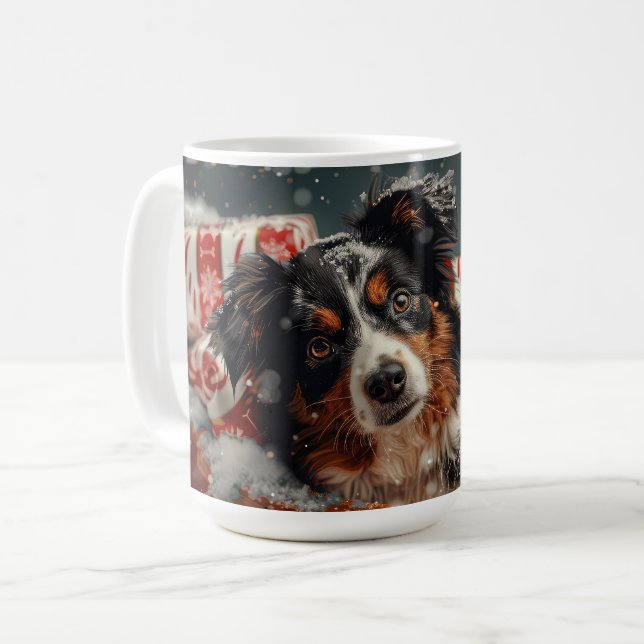 Australian Shepherd Hund Jul Festlig Kaffemugg (Framsida vänster)