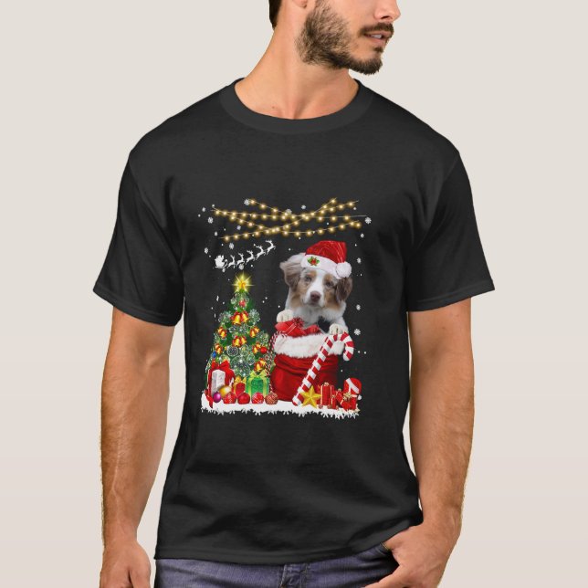 Australian shepherd Hund Julgran Ljus Hund T Shirt (Framsida)