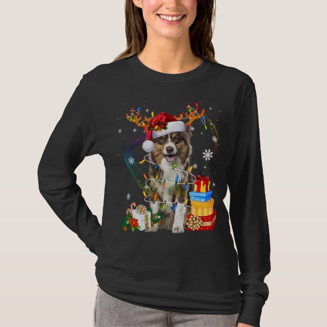 Australian shepherd Hund Ljus Santa Hat Sweater C T Shirt (Framsida)