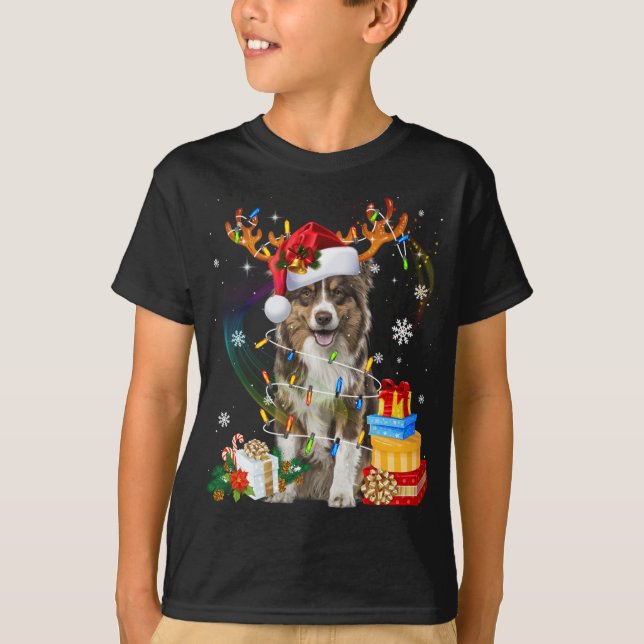 Australian shepherd Hund Ljus Santa Hat Sweater C T Shirt (Framsida)