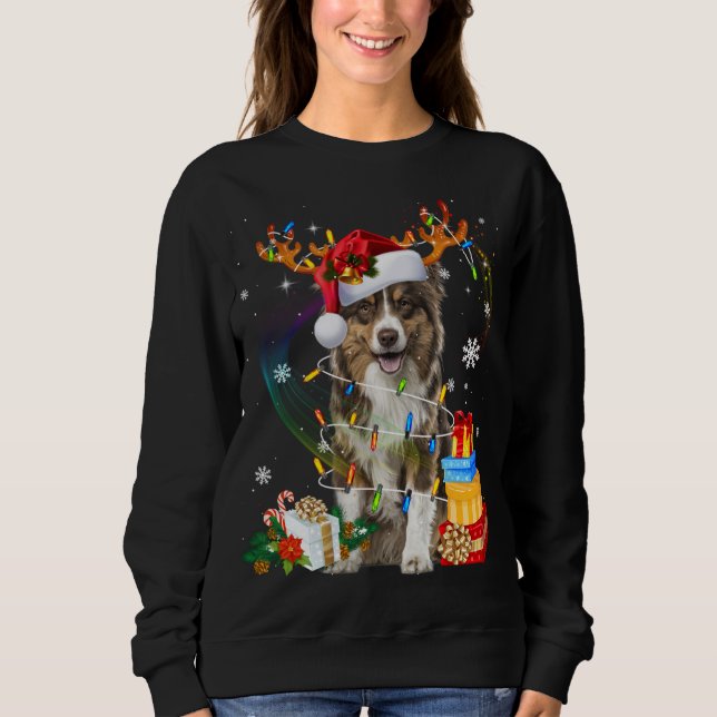 Australian shepherd Hund Ljus Santa Hat Sweater C T Shirt (Framsida)