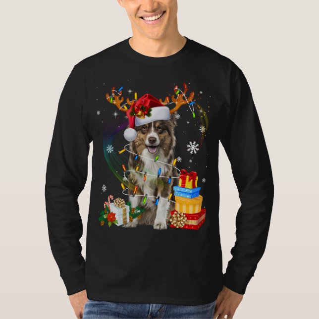 Australian shepherd Hund Ljus Santa Hat Sweater C T Shirt (Framsida)