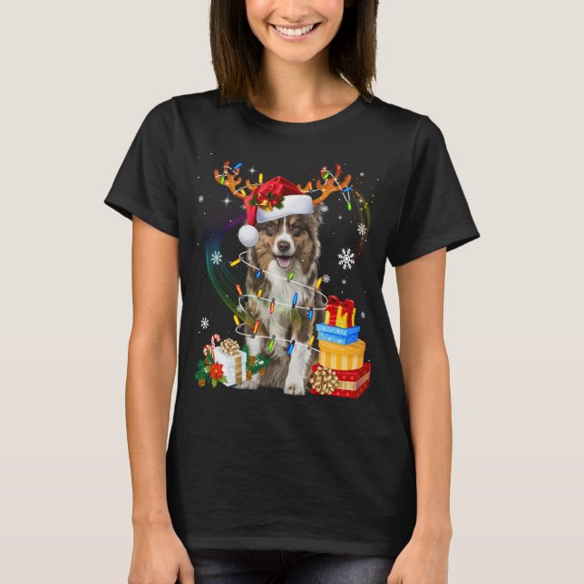Australian shepherd Hund Ljus Santa Hat Sweater C T Shirt (Framsida)