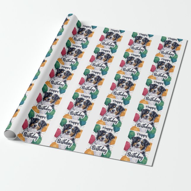 Australian Shepherd Hund med Ballonger Födelsedag Presentpapper (Utrullad)