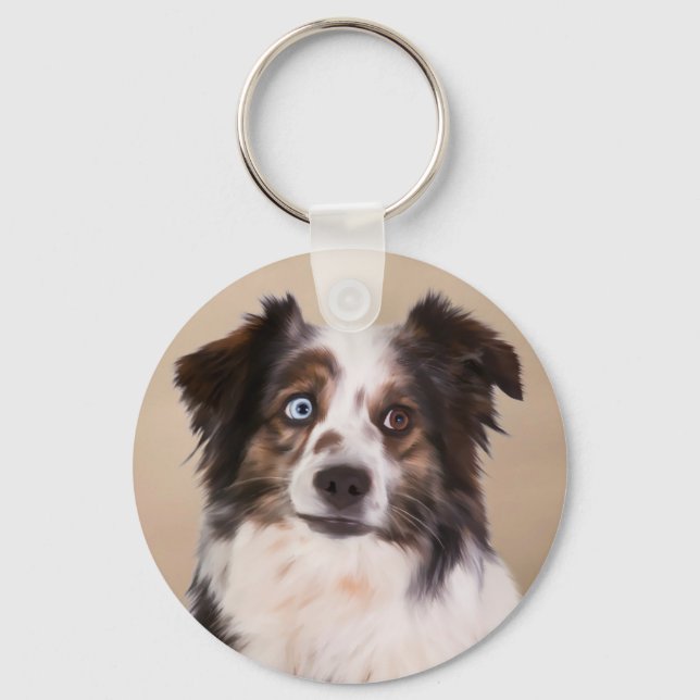Australian shepherd Hund Oljemålning Art Nyckelring (Framsida)