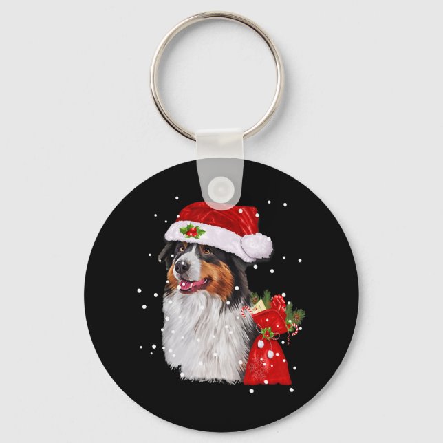 Australian shepherd Hund Santa Hat jul Nyckelring (Framsida)