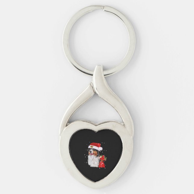 Australian shepherd Hund Santa Hat jul Twisted Heart Silverfärgad Nyckelring (Framsidan)