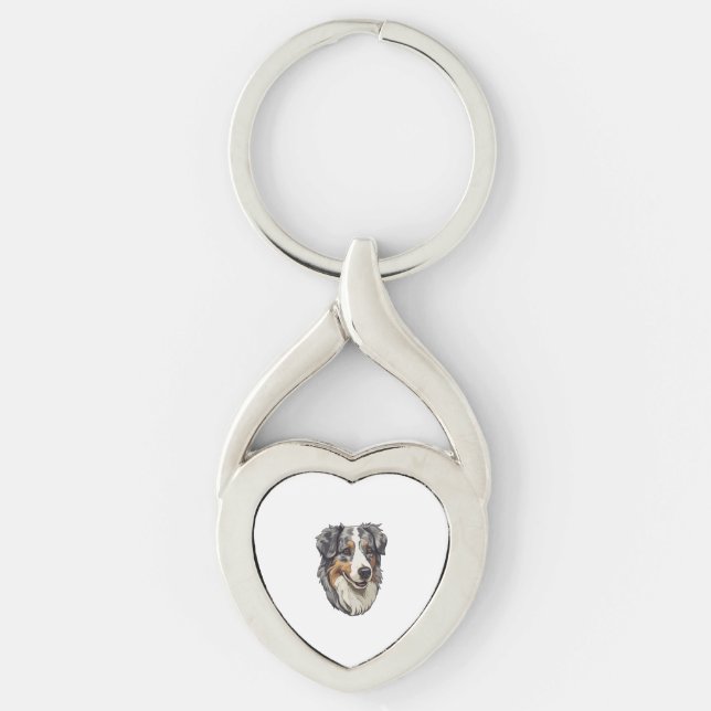 Australian shepherd Hund Twisted Heart Silverfärgad Nyckelring (Framsidan)
