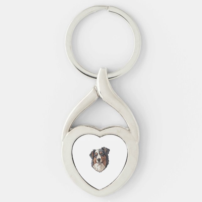 Australian shepherd Hund Twisted Heart Silverfärgad Nyckelring (Framsidan)