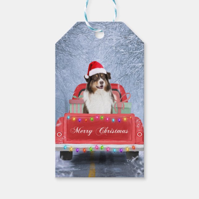 Australian shepherd Hund under julen i Snö Presentetikett (Framsidan)