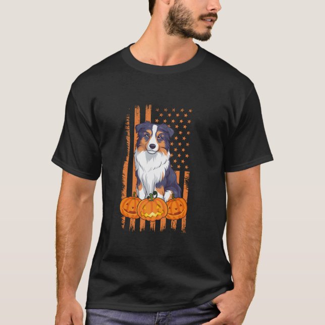 Australian shepherd Hund USA flagga Patriotic Hall T Shirt (Framsida)