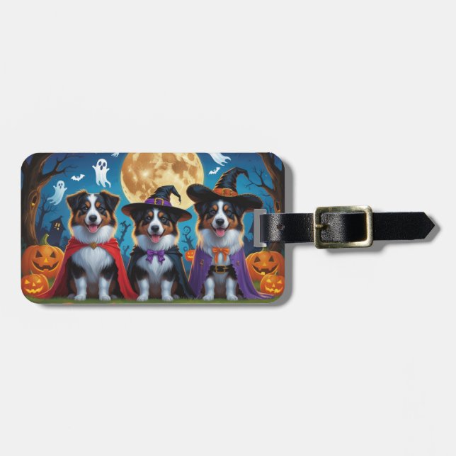 Australian shepherd Hundar Pumpkin Halloween Funny Bagagebricka (Horisontell Framsida)